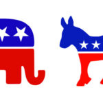 El burro demócrata y el elefante republicano suelen dibujarse con los colores, barras y estrellas de la bandera americana. (Wikipedia)