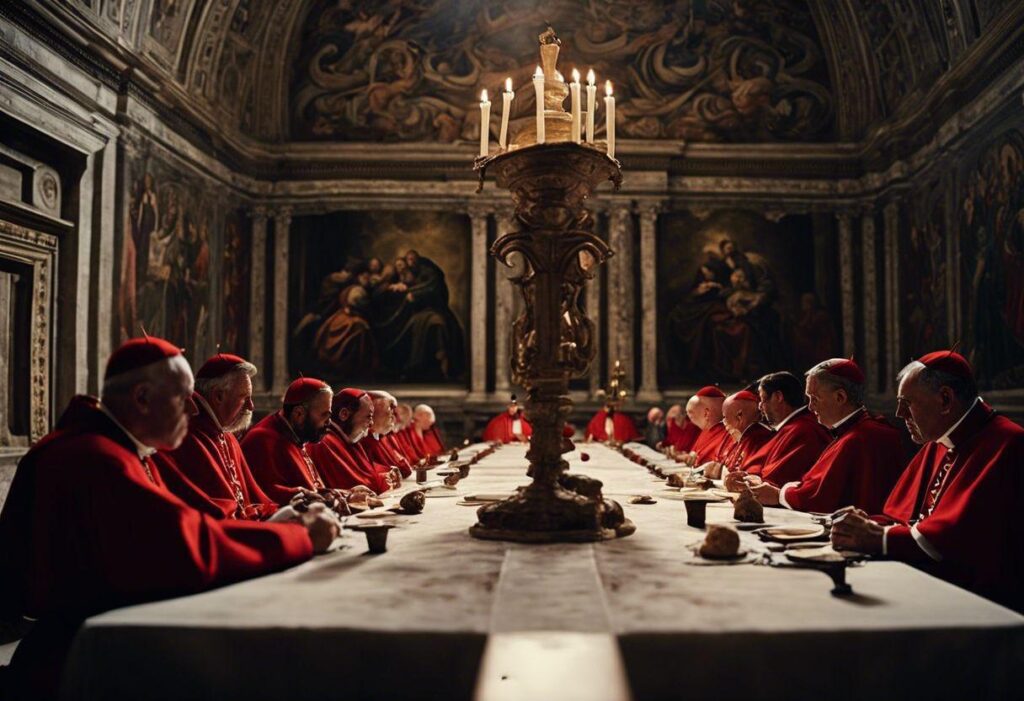 Cardenales reunidos alrededor de una mesa/Fotograma de la película "Cónclave"-House Production y FilmNation Entertainment