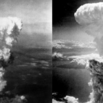 Imagen que compara los hongos atómicos de las bombas nucleares lanzadas sobre Hiroshima y Nagasaki en el año 1945